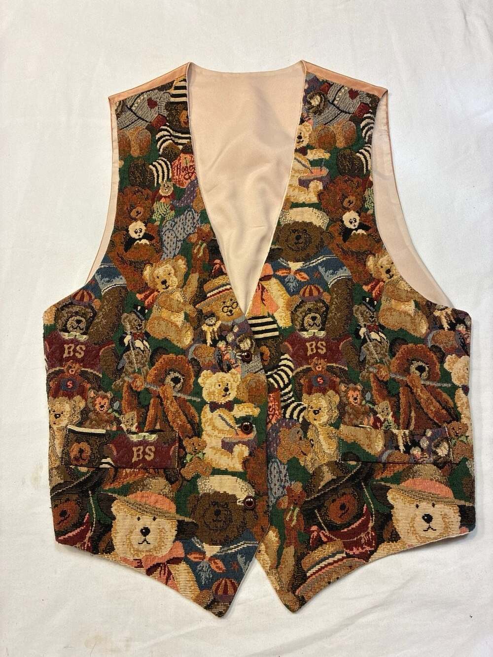 Vintage 90s Teddy Bear Tapestry Woven Novelty Print Vest